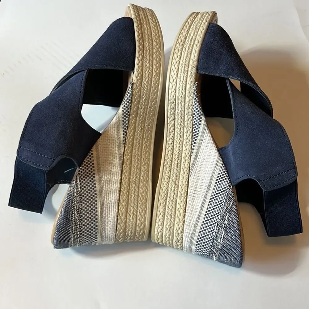 BELLA ~ VITA Women’s Leather Suede Platform Wedge Open Toe Sandal Blue Size 10